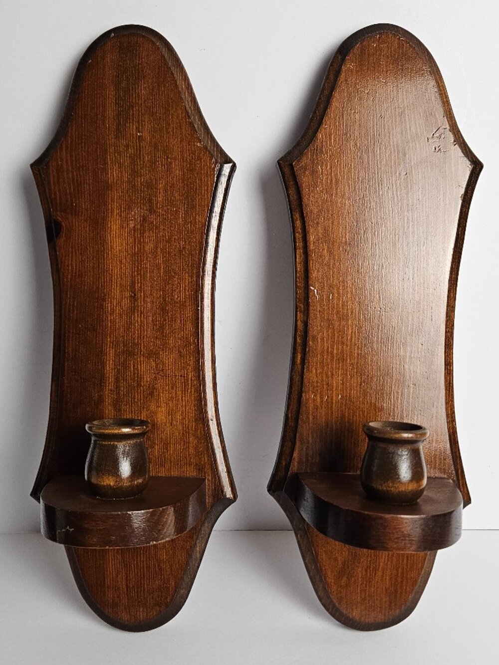 Vintage Wooden Wall Sconces Pair Colonial Farmhouse Candle Shelf Decor